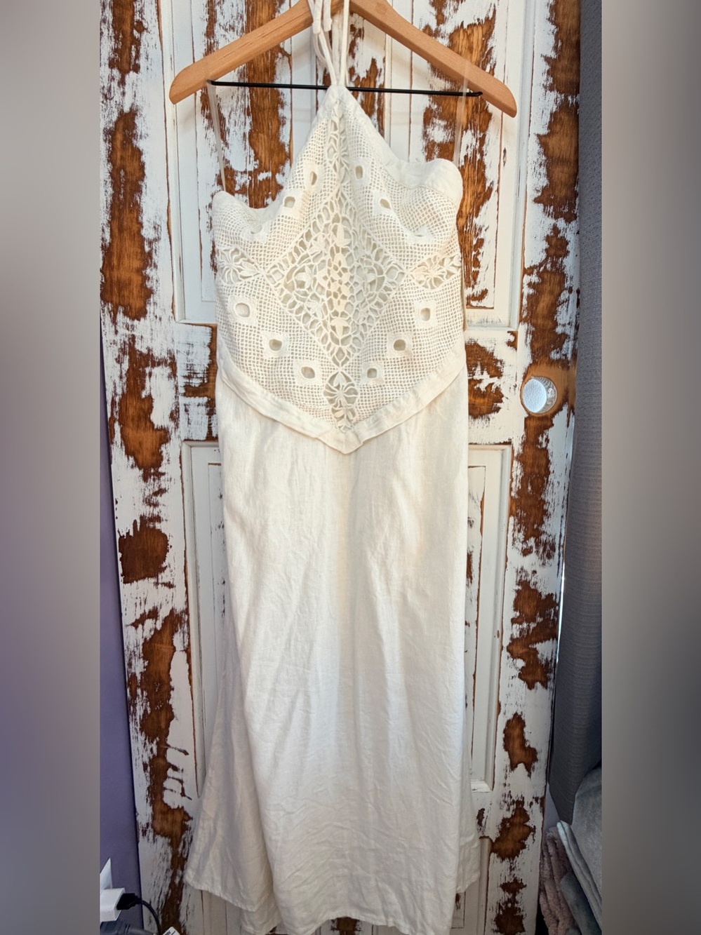 Women’s Halter Maxi Dress Size L Ivory Linen Blend Crochet Lace NWT Boho